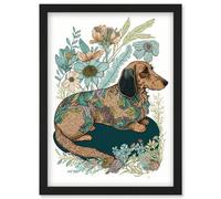 Artery8 Multicoloured Fur Dachshund Dog with Spring Flowers Modern Watercolour Illustration Artwork Framed Wall Art Print A4 in Black Artery8 Black