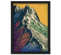 Artery8 Multicoloured Mountain Range Peaks Pop Art Linocut Artwork Framed Wall Art Print A4