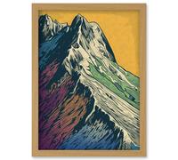 Multicoloured Mountain Range Peaks Pop Art Linocut Artwork Framed Wall Art Print A4 Artery8 Light Oak One Size