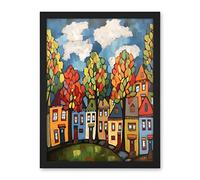 Artery8 Multicoloured Row Of Houses With Autumn Trees Contemporary Folk Art Painting Artwork Framed Wall Art Print 18X24 Inch