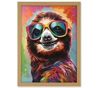 Artery8 Multicoloured Smiling Sloth Wearing Sunglasses Artwork Framed A3 Wall Art Print