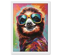 Artery8 Multicoloured Smiling Sloth Wearing Sunglasses Artwork Framed A3 Wall Art Print