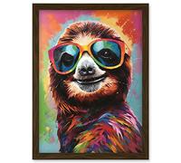 Artery8 Multicoloured Smiling Sloth Wearing Sunglasses Artwork Framed Wall Art Print A4