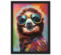 Artery8 Multicoloured Smiling Sloth Wearing Sunglasses Artwork Framed Wall Art Print A4 in Black Artery8 Black