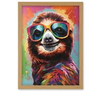 Artery8 Multicoloured Smiling Sloth Wearing Sunglasses Artwork Framed Wall Art Print A4