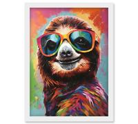 Artery8 Multicoloured Smiling Sloth Wearing Sunglasses Artwork Framed Wall Art Print A4