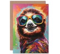 Multicoloured Smiling Sloth Wearing Sunglasses Funny Animals Birthday Sealed Greeting Card Plus Envelope Blank inside