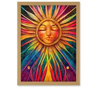 Artery8 Multicoloured Sun Rainbow Spiritual Artwork Framed Wall Art Print A4 in Light Oak Artery8 Light Oak