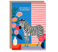 Artery8 Mum Happy Birthday Card Colourful Modern Bright Zebra Stripes And Flowers For Her Greeting Card
