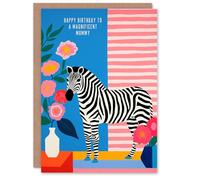 Artery8 Mummy Happy Birthday Card Colourful Modern Bright Zebra Stripes And Flowers For Her Greeting Card