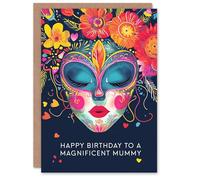 Artery8 Mummy Happy Birthday Card Floral Headdress Love Hearts Flowers Venetian Mask For Her Greeting Card