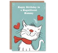 Artery8 Mummy Happy Birthday Card Happy White Cat In Scarf Drawing Love Hearts For Her Greeting Card