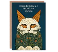 Artery8 Mummy Happy Birthday Card Magnificent Moggie William Morris Style Elegant Retro Cat For Her Greeting Card