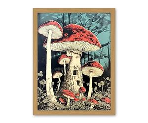 Artery8 Mushroom Fairy House Pastel Red Blue Green Magical Forest Fantasy Concept Kitchen Artwork Framed Wall Art Print 18X24 Inch