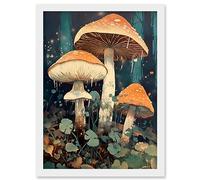 Artery8 Mushroom Fungi Watercolour Painting Magical Forest Pastel Clover Field Kitchen Artwork Framed A3 Wall Art Print