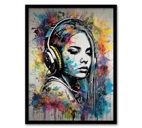Artery8 Music Girl Headphones Watercolour Grunge Emo Teen Bedroom Artwork Framed Wall Art Print A4