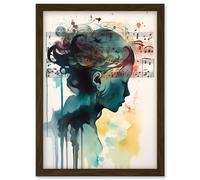 Music on my Mind Singing in my Head Modern Portrait Watercolour Illustration Artwork Framed Wall Art Print A4 Artery8 Brown One Size