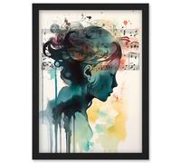 Music on my Mind Singing in my Head Modern Portrait Watercolour Illustration Artwork Framed Wall Art Print A4 Artery8 Black One Size