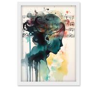Artery8 Music on my Mind Singing in my Head Modern Portrait Watercolour Illustration Artwork Framed Wall Art Print A4 in White Artery8 White