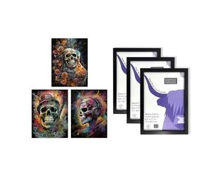 Artery8 Music Skulls Wall Art - Set of 3 A4 Sized Art with Black Frames - Thrash Metal Death Guitar Brutal Horror