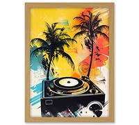 Artery8 Music Under Palm Trees Tropical Beach Party Modern Watercolour Painting Artwork Framed A3 Wall Art Print