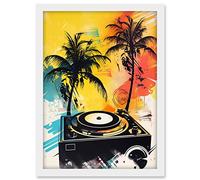 Artery8 Music Under Palm Trees Tropical Beach Party Modern Watercolour Painting Artwork Framed A3 Wall Art Print