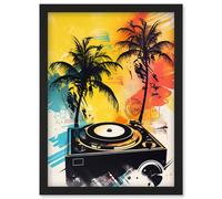 Artery8 Music Under Palm Trees Tropical Beach Party Modern Watercolour Painting Artwork Framed Wall Art Print A4 in Black Artery8 Black