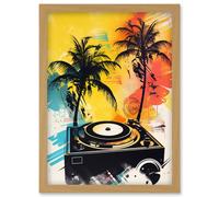 Artery8 Music Under Palm Trees Tropical Beach Party Modern Watercolour Painting Artwork Framed Wall Art Print A4 in Light Oak Artery8 Light Oak