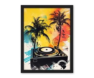 Artery8 Music Under Palm Trees Tropical Beach Party Modern Watercolour Painting Artwork Framed Wall Art Print 18X24 Inch