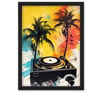 Music Under Palm Trees Tropical Beach Party Modern Watercolour Painting Artwork Framed Wall Art Print A4 Artery8 Black One Size