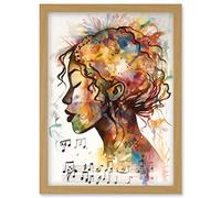 Musical Meditation Synesthesia Woman Listening to Music Modern Watercolour Painting Artwork Framed Wall Art Print A4 Artery8 Light Oak One Size