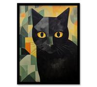 My Name Is Geoff By Alex Robins Black Cat Art Deco Geometric Art Print Framed Poster Wall Decor Artery8 Black A4