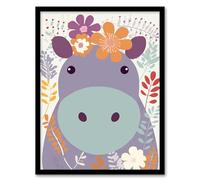 Artery8 My Name Is Harriet Cute Hippo With Flowers Pastel Colour Graphic Artwork Purple Orange Kids Bedroom Zoo Animal Floral Painting Artwork Framed Wall Art Print A4
