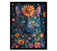 Artery8 Mystic Cat in Flowers Hippy Night Abstract Animal For Living Room Artwork Framed Wall Art Print 18X24 Inch