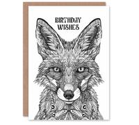 Artery8 Mystical Fox Black White Tribal Folk Art Wishes Blank For Him Or Her Art Birthday Card
