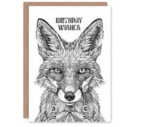 Artery8 Mystical Fox Black White Tribal Folk Art Wishes For Him Or Her Art Birthday Personalised Card