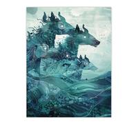 Mythical Sea Kelpies Riding Waves Artwork Blue Wall Art Print Artery8 Blue W24 inch x H32 inch