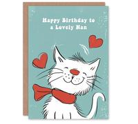 Artery8 Nan Happy Birthday Card Happy White Cat In Scarf Drawing Love Hearts For Her Greeting Card