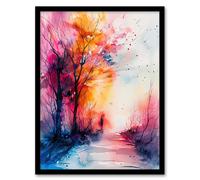 Artery8 Nature Lover Autumn Hike Sunrise Watercolour Framed Art Print | Size: W12" x H16" Artery8 Multicolor W12" x H16"