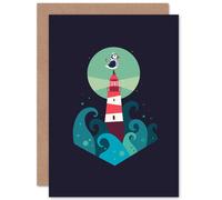 Artery8 Nautical Lighthouse Cute Puffin Sea Waves Greetings Card in Dark Navy Artery8 Dark Navy