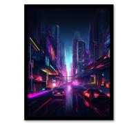 Artery8 Neon Purple Cityscape Electronic Futuristic Skyscraper Boys Bedroom Artwork Framed Wall Art Print A4 in Black Artery8 Black A4