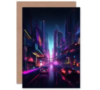 Artery8 Neon Purple Electronic Futuristic Skyscraper for Him or Her Man Woman Birthday Thank You Congratulations Blank Art Greeting Card