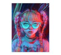 Artery8 Nerdy Braid Pigtails Glasses Neon Pink Blue Wall Art Print | Size: W24" x H32" Artery8 Pink W24" x H32"