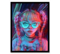 Artery8 Nerdy Girl Braid Pigtails Glasses Neon Pink Blue Wall Art Print - A4 Size