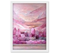 Artery8 New Age Mystical Pink Quartz Crystal Landscape Mountains Artwork Framed Wall Art Print A4 in White Artery8 White