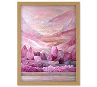 Artery8 New Age Mystical Pink Quartz Crystal Landscape Mountains Artwork Framed Wall Art Print A4 in Light Oak Artery8 Light Oak