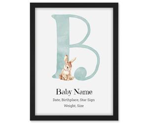Artery8 New Baby Birth Personalised Alphabet Letter Bunny Rabbit Newborn Child Nursery Framed Wall Art Print Decor Christening Baptism Gift