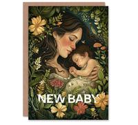 Artery8 New Baby Card Mother and Child Floral Forest Nature Painting For Her Wife Woman Partner Girlfriend Greeting Card