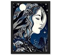 Artery8 New Moon Goddess Winter Moonlit Witchy Forest Starry Night Mother Nature Boho Patterns Artwork Framed Wall Art Print A4