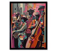 Wall Art Print New Orleans Jazz Festival Musicians Warming Up in the City Street Abstract Modern Painting Art Framed Artery8 Black W12 inch x H16 inch